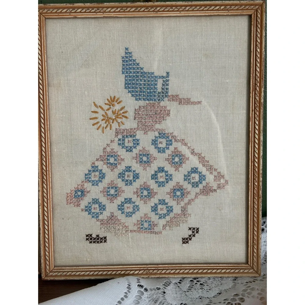 Vintage Sunbonnet Sue Cross Stitch Framed Set of 2 Folk Art Wall Decor